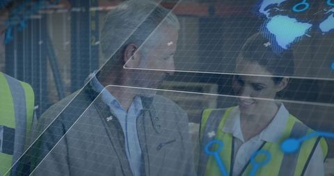 Warehouse team analyzing ar technology overlay in logistic environment