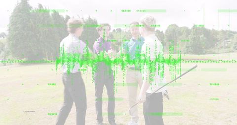 Golfers shaking hands on fairway with green data overlay showing analytics and teamwork