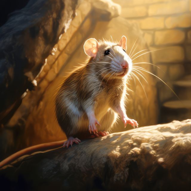 This image depicts a curious brown rat positioned in an underground tunnel illuminated by sunlight. The detailed whiskers and the cautious posture of the rat make it ideal for topics related to wildlife, exploration, and nature. Suitable for educational content, blogs about rodent species, or articles discussing urban wildlife.