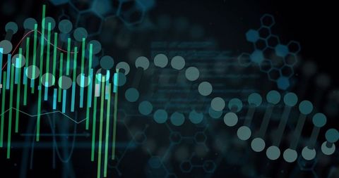 Visualizing genomic data with stylized DNA helix, teal bars and holographic analytics