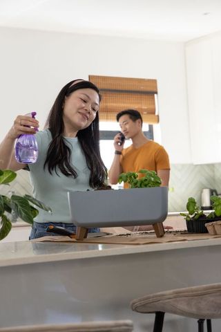 Couple misting fresh herb planter on kitchen island while partner talks on smartphone