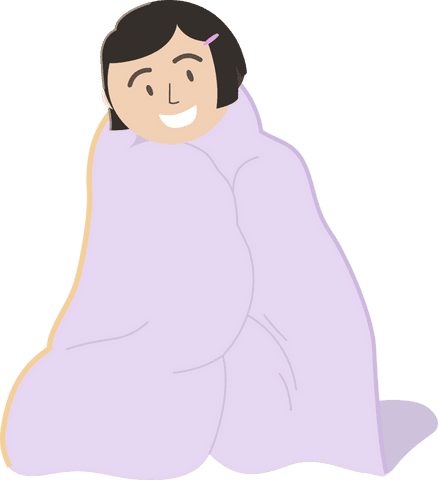 Cartoon child wrapped in lavender blanket on transparent background