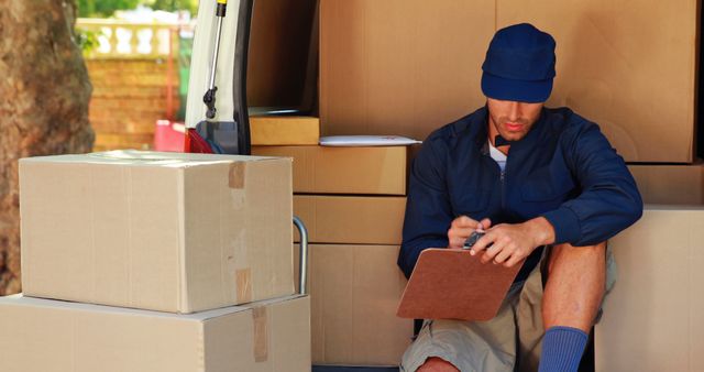 This image depicts a delivery worker sitting in an open delivery van while checking packages with a clipboard. The worker is wearing a uniform and the van is filled with cardboard boxes. Ideal for use in content related to delivery services, logistics, shipping, courier companies, and warehousing.