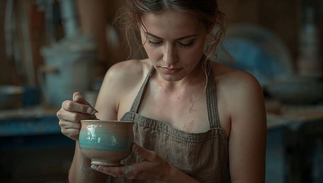 Young woman potter detailing glazed ceramic bowl with small brush in rustic clay workshop