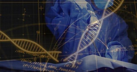 Female surgeon performing precision surgery with dna hologram overlay for genetic medicine