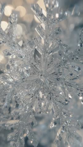 Panning Vertical Video Featuring Crystal Snowflake Ornament Shimmering in Holiday Bokeh Lights