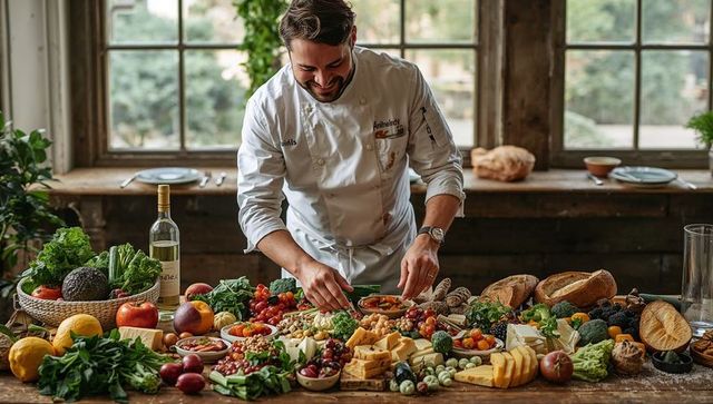 Garnishing chef arranging rustic cheese and charcuterie spread with fresh produce, bread, wine