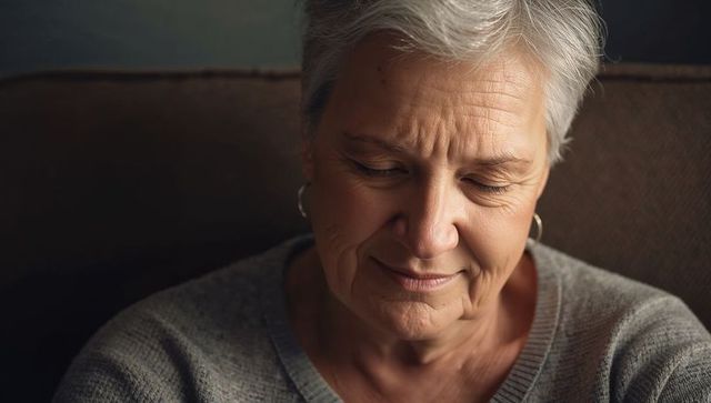 Gazing senior woman in gray knit sweater with hoop earrings in warm soft light