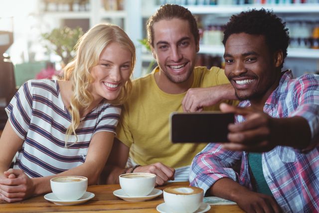 Three friends taking a selfie in cafe
