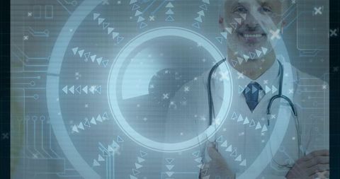 Smiling doctor with stethoscope standing behind futuristic medical hud for telemedicine