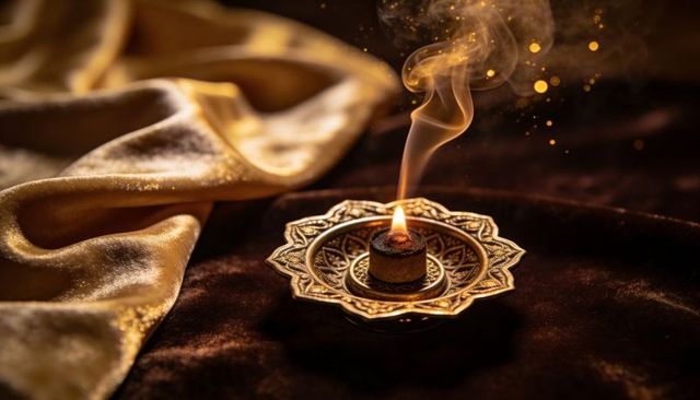Burning incense cone resting in ornate lotus holder with golden satin and swirling smoke