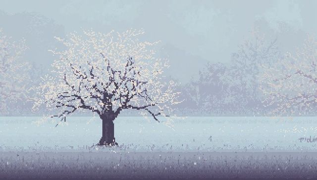Minimalist pixel winter landscape with solitary frosted tree in misty snowy field