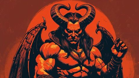 Horned satan with bat wings and glowing halo in gothic art