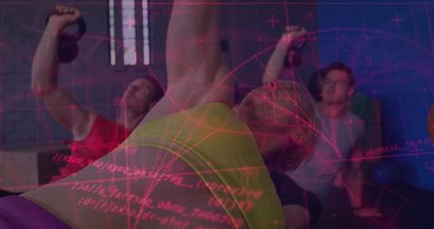 Group training woman lifting hips in neon bra doing glute-bridge with kettlebell HUD