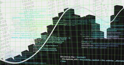 Abstract city skyline with data graph and code