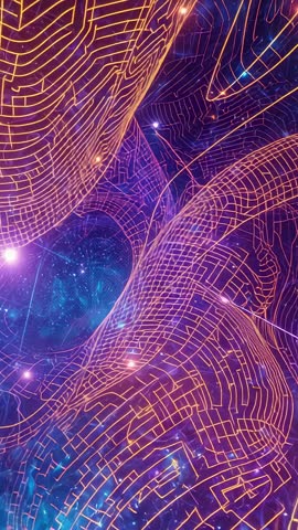 Vertical Nebula Grid Flow: Curved Neon Lattice Emerging in Cosmic Purple Space