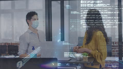 Diverse Coworkers with Face Masks Amid Data Processing in Modern Office