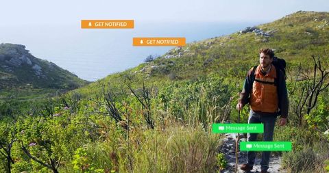 Man Hiking on Coastal Trail with Modern Notifications Overlaid