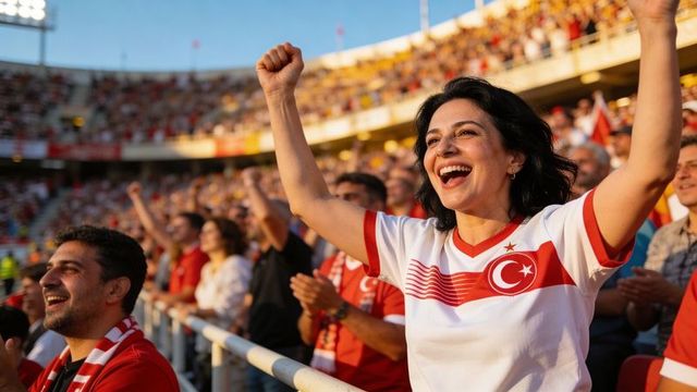Cheering turkish fan raising arms in stadium celebrating national team victory