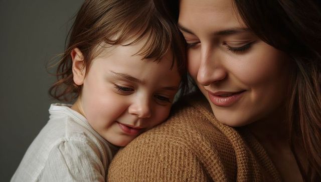 Tender parent and child cuddling close in warm knitted sweater conveying gentle bond and warmth