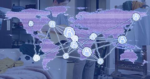 Korean teen playing acoustic guitar in bedroom with purple global network overlay