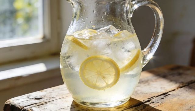 Sunlit crystal pitcher of ice lemon water with condensation on rustic wooden tabletop