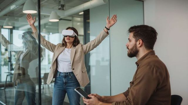 Office Worker Engaged in Virtual Reality Next to Colleague with Tablet