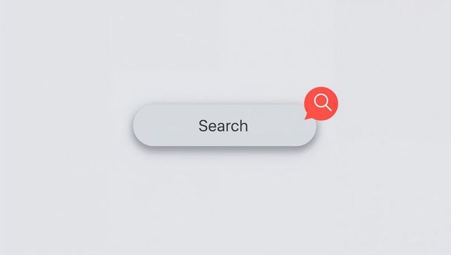 Minimal rounded pill search bar with red magnifier badge on light gray background