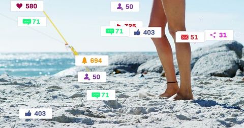 Woman standing on sunny beach with social media notifications overlay
