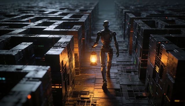 Android walking through futuristic server maze holding lantern, casting warm reflections