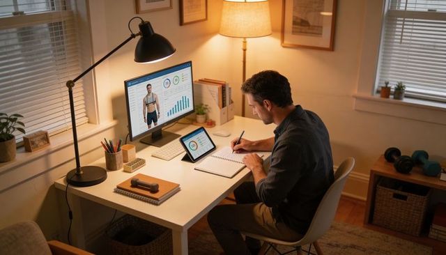 Man tracking fitness progress at home desk using monitor and tablet while taking notes