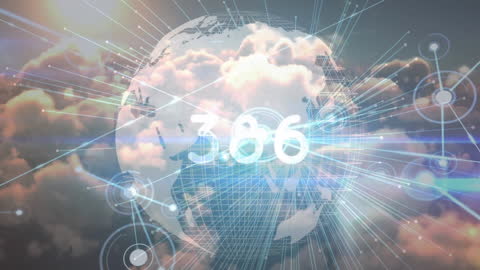 Global Digital Network Over Cloudy Earth Animation