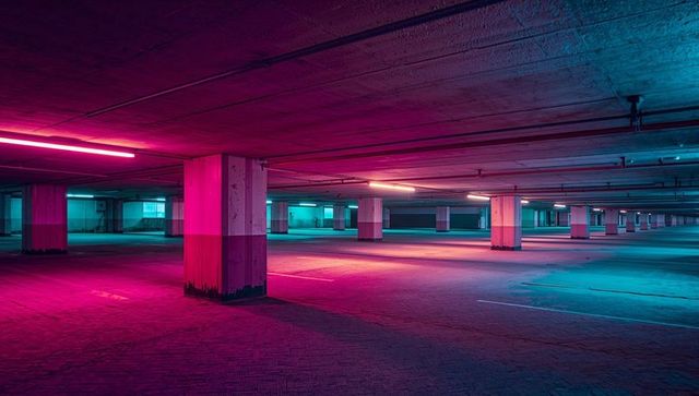 Neon-lit underground parking reflections cue futuristic minimalism