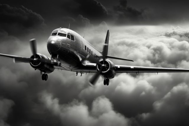 Flying airplane against sky with clouds in black and white, created using generative ai technology. Air travel, air transport, airplane and flying concept digitally generated image.