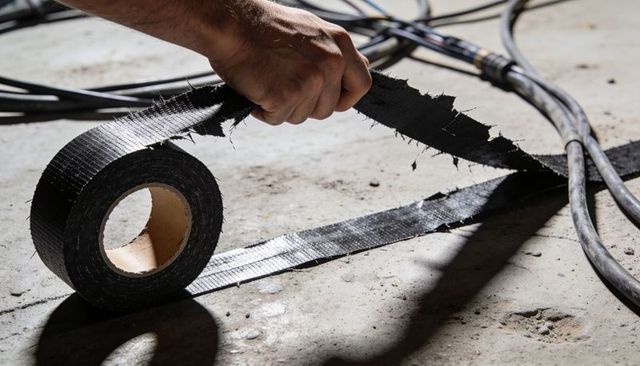 Worker pulling frayed black cloth tape roll while securing cables on concrete floor