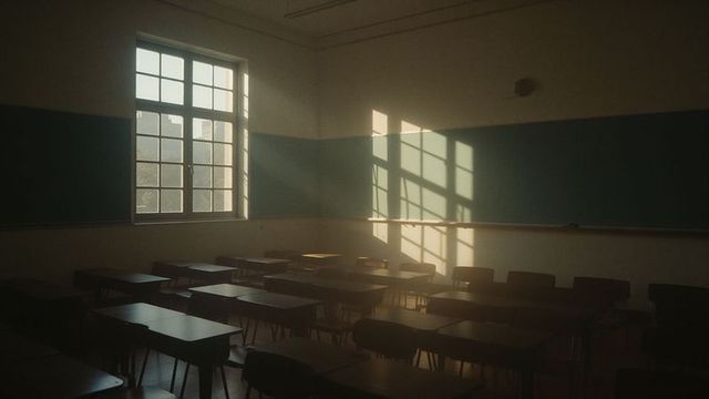Sun-drenched empty classroom with wooden desks and casual ambience