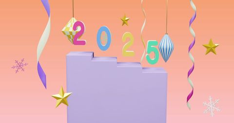 2025 Celebration with Christmas Decorations on Pink Gradient Background