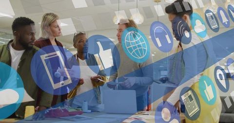 Multicultural design team reviewing product mockups with social media overlay collaboration