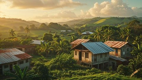Idyllic tropical haiti village dawn with rustic stilt houses