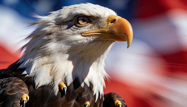 Perching bald eagle facing right against american flag, close-up raptor portrait usa