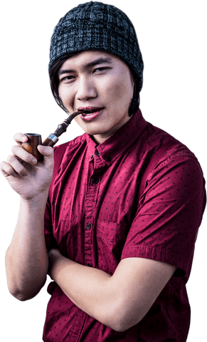Young man holding pipe wearing casual outfit on transparent background