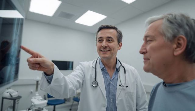 Doctor pointing at scan while explaining medical results to mature patient in clinic