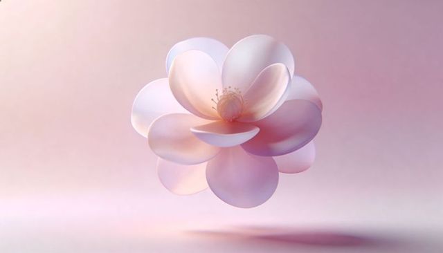 Floating pastel pink blossom levitating over smooth surface with soft shadow, minimalist floral art