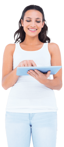 Transparent Woman Using Digital Tablet Smiling Softly - Download Free Stock Videos Pikwizard.com