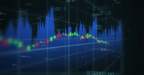 Neon trading dashboard visualizing candlestick chart with blue volume histogram and grid