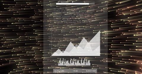 Futuristic HUD dashboard updating with holographic area and bar charts over golden data streaks