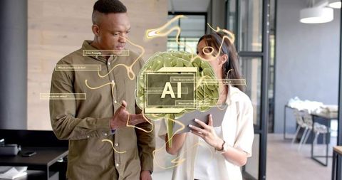 Business professionals presenting augmented ai brain hologram on tablet in modern office