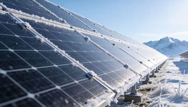 Solar panels harvesting sunlight on frosty mountain terrain, winter renewable energy array