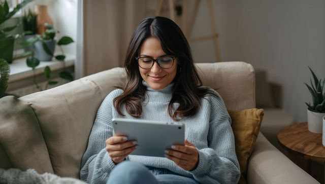 Young woman relaxing on beige sofa using tablet, wearing blue turtleneck and glasses