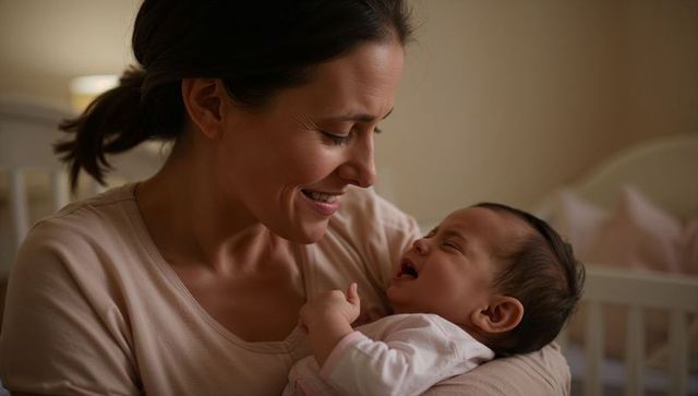 Mother cradling infant in nursery smiling and bonding in warm soft light gentle motherhood